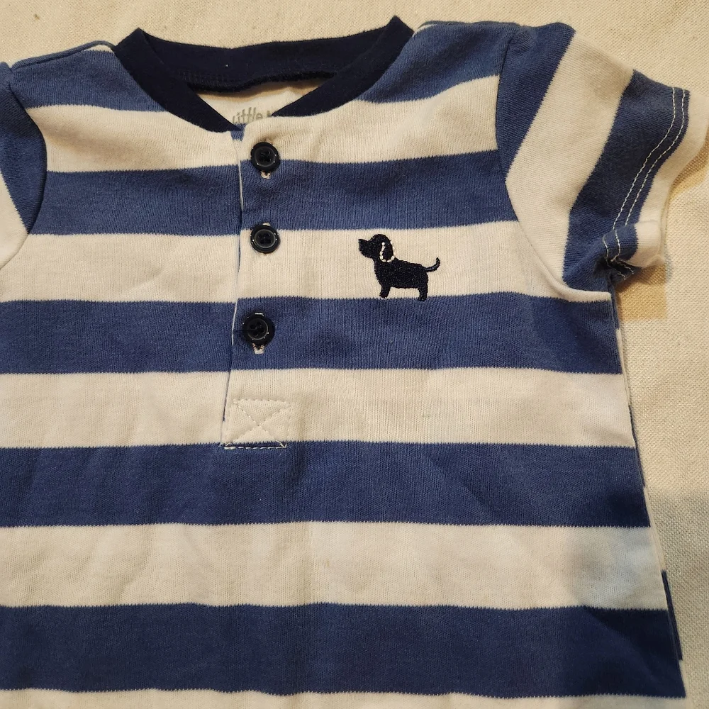 Little Me Baby Boy Striped Henley Romper Puppy Dog Blue White 3M
